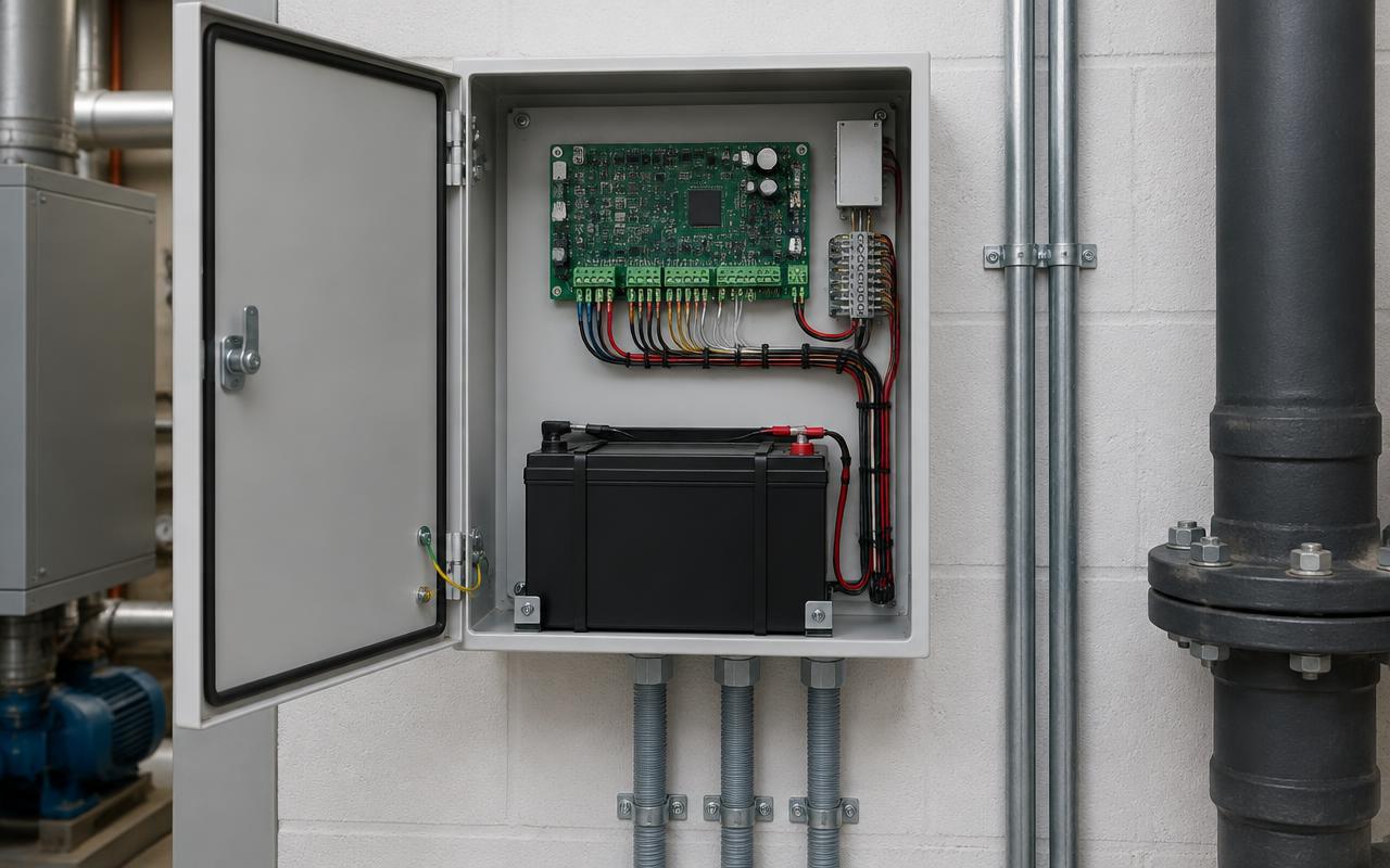 Open access control enclosure with circuit board, backup battery and tidy wiring