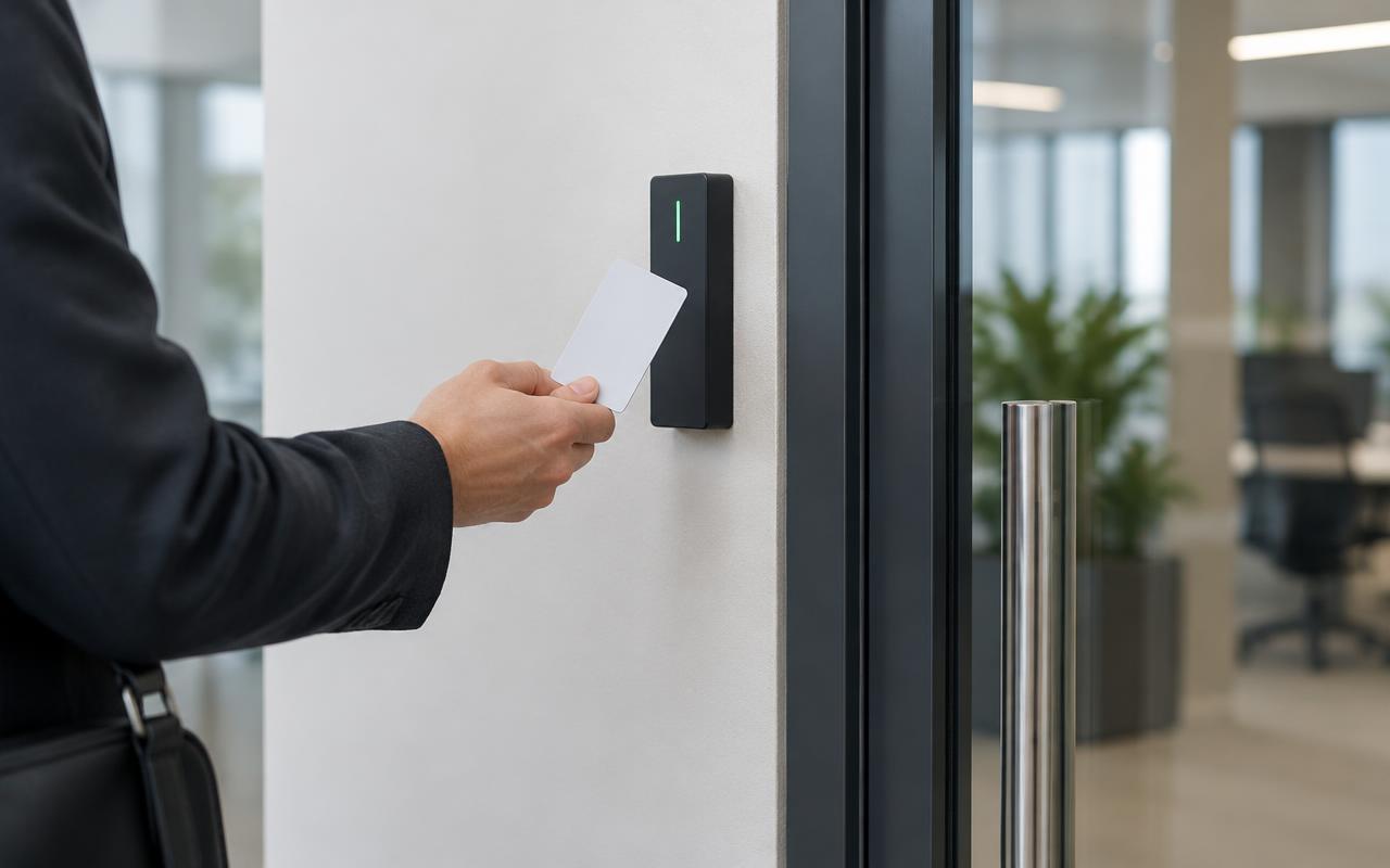 Person presenting an access card to a reader beside a glass office door