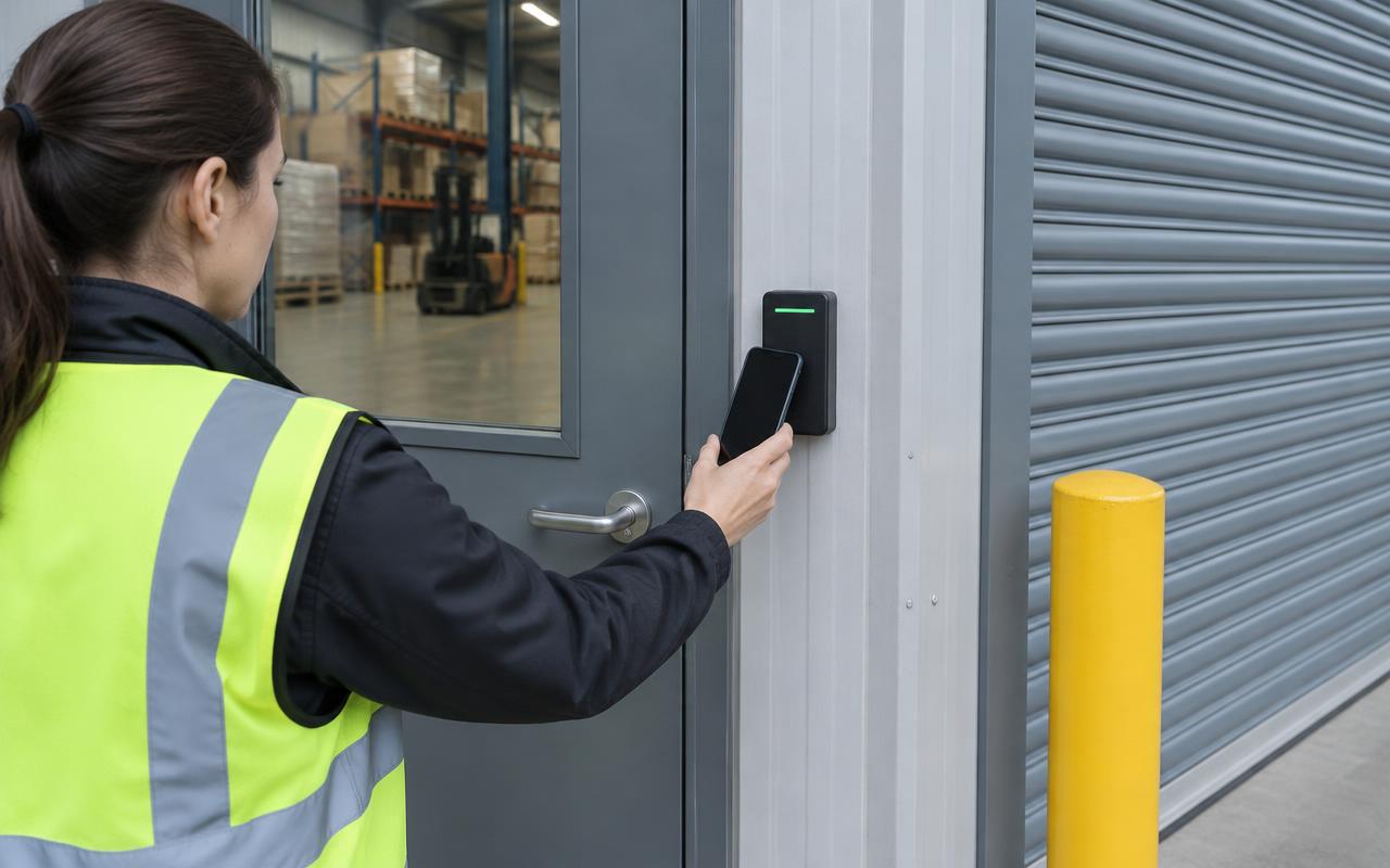 Worker presenting a phone to a reader at a warehouse personnel door