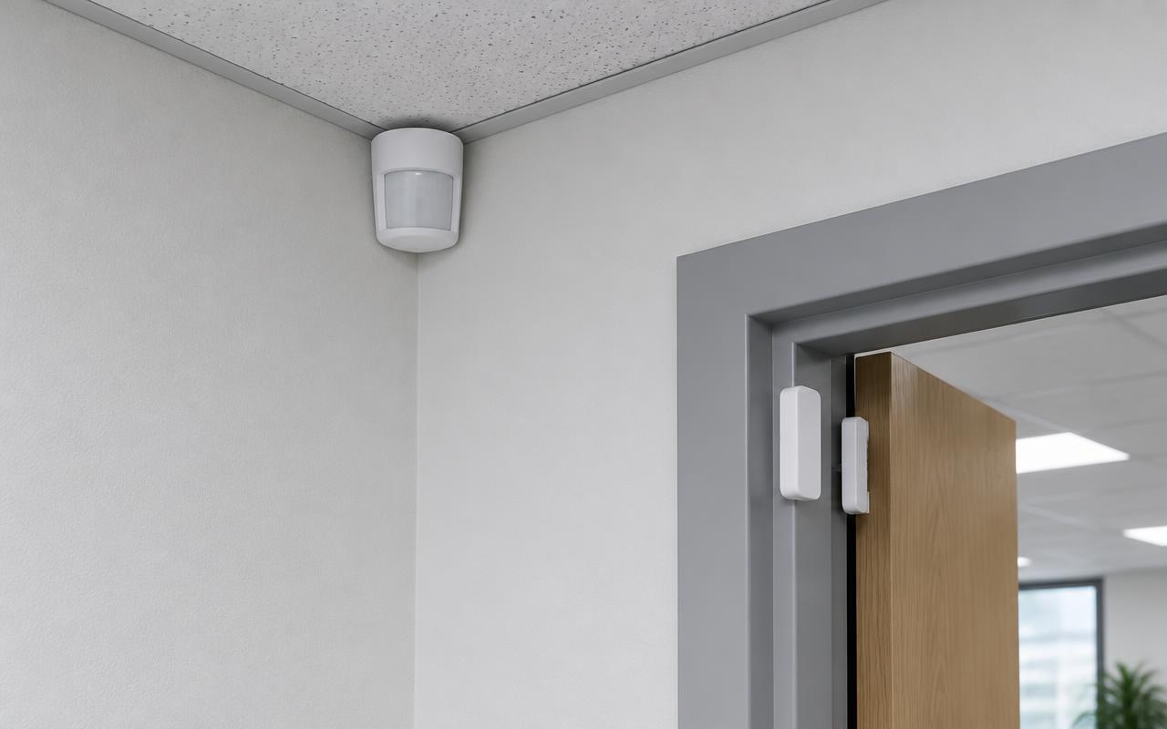 Motion detector in a ceiling corner and a door contact on a door frame