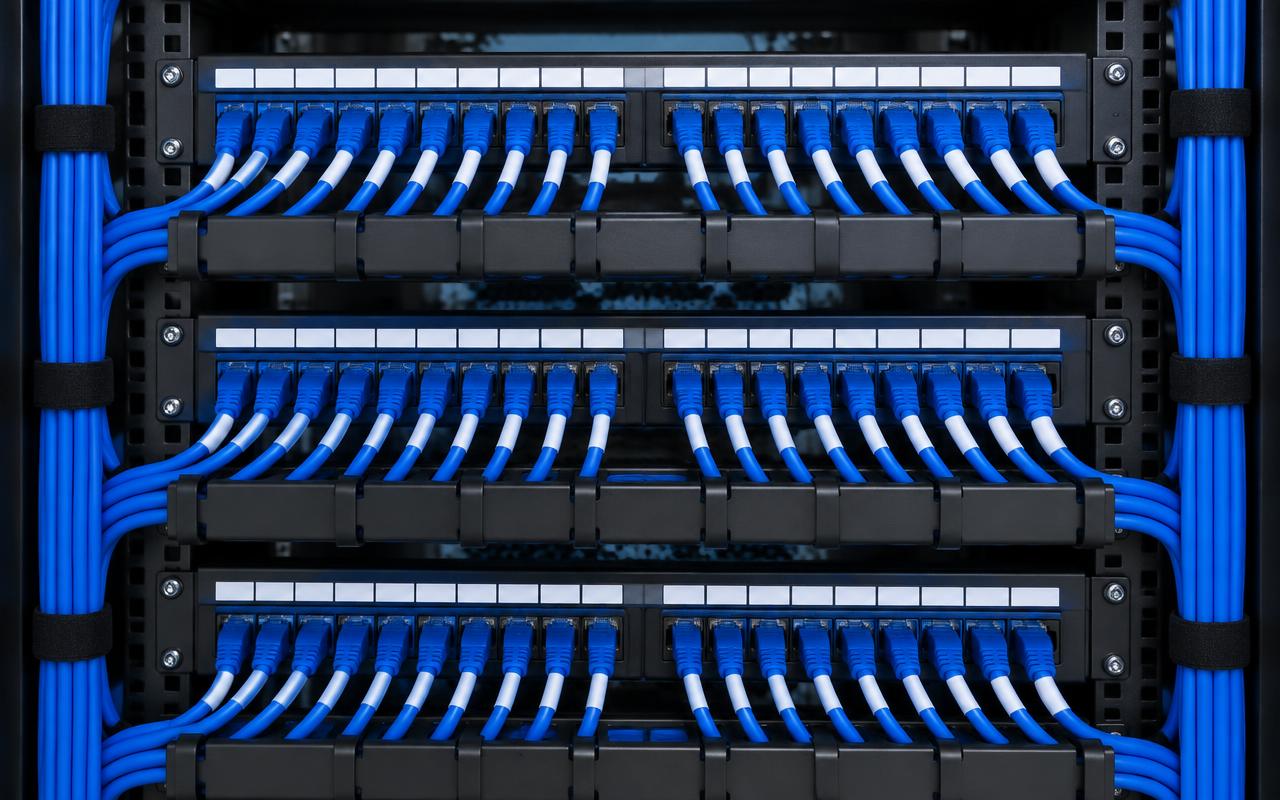 Neatly dressed blue patch leads across labelled patch panels