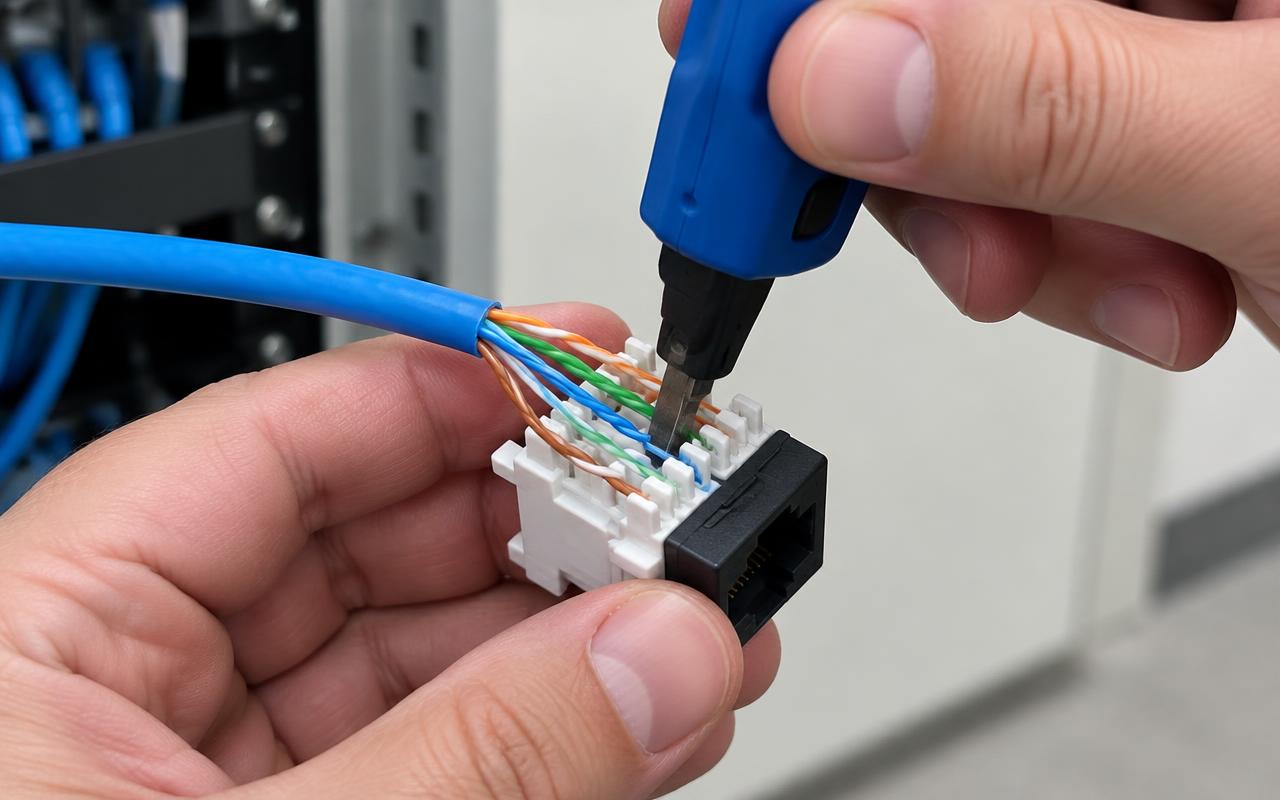Hands terminating a Cat6 cable into a keystone jack with a punch-down tool