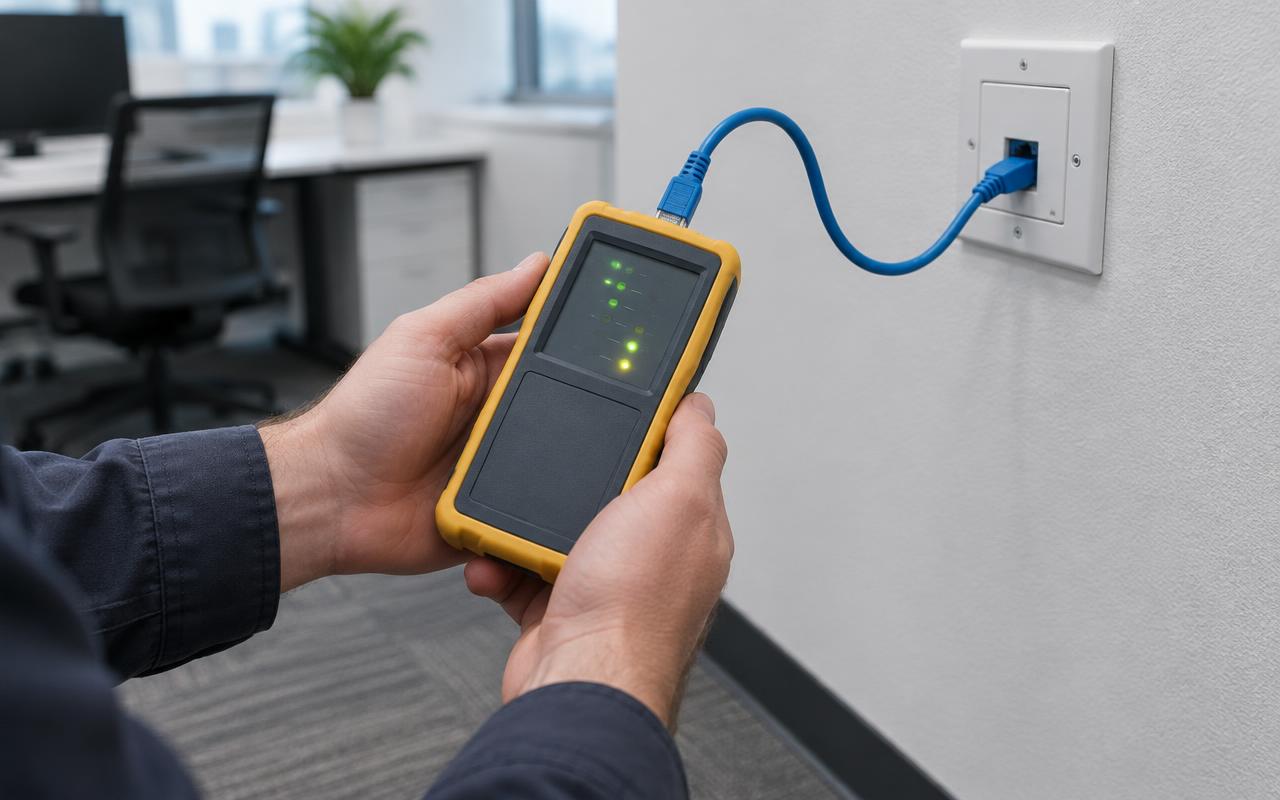 Technician holding a cable tester connected to a wall outlet