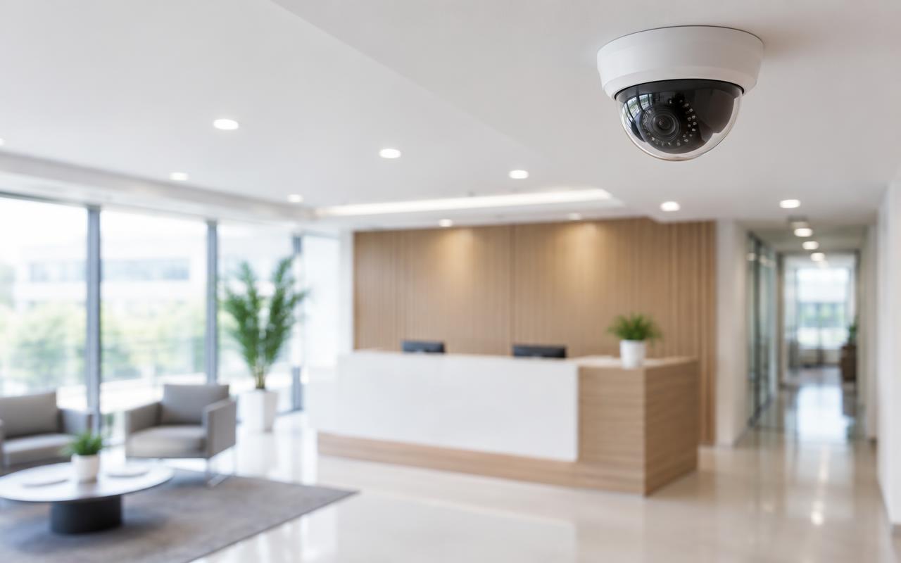 Ceiling dome camera overlooking an office reception desk