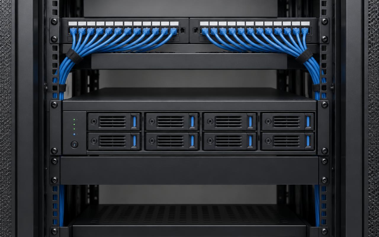 Network video recorder with drive bays in a tidy communications rack