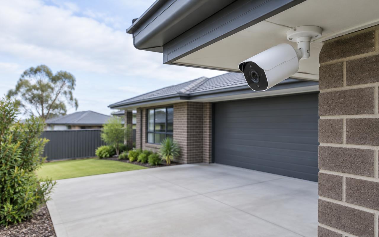 Outdoor camera under a house eave overlooking a driveway and garage