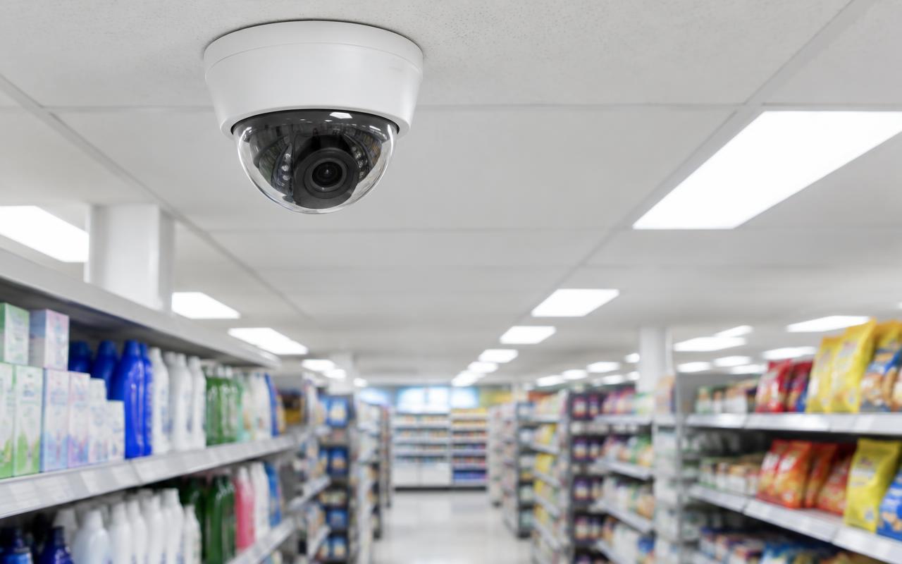 Ceiling dome camera above a retail store aisle
