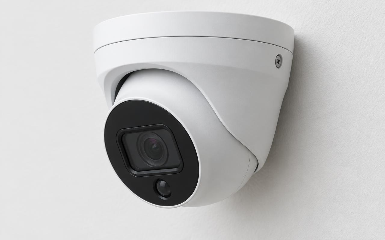 Close-up of a white turret camera mounted on a wall