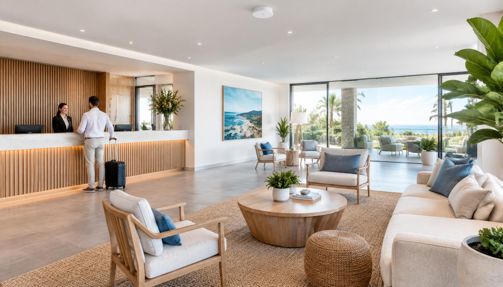 Illustrative hotel reception with a ceiling-mounted WiFi access point
