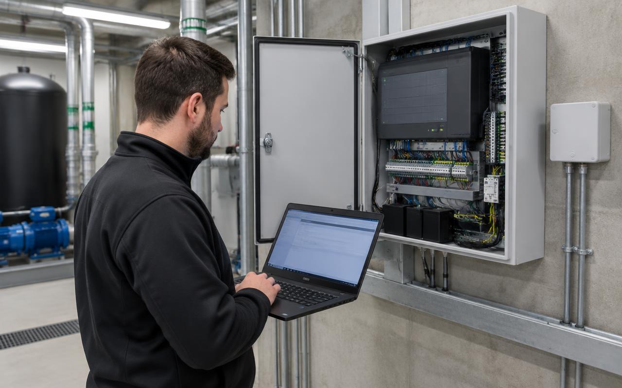 Technician with a laptop commissioning a security panel in a plant room