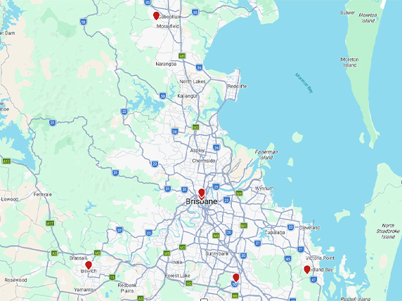 Brisbane map - cctv installation-img Map showing Smart WiFi service areas for commercial CCTV installation across Brisbane and nearby suburbs