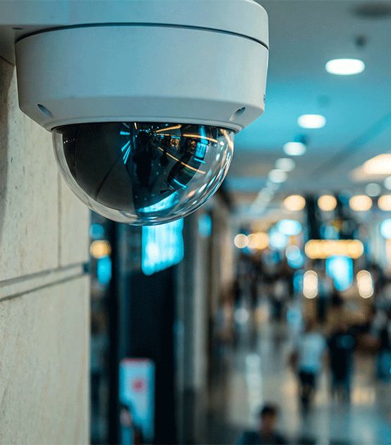 CCTV in the mall ceiling-img Smart WiFi commercial surveillance dome camera monitoring a busy indoor public space in Brisbane