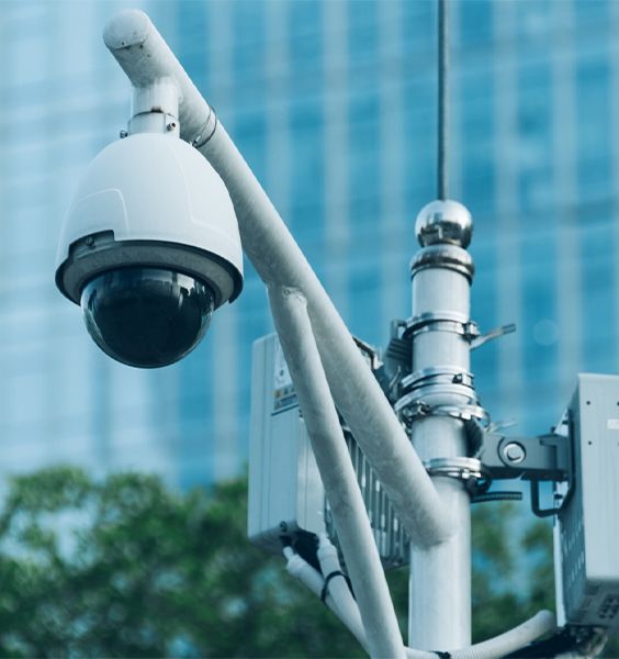 Commercial CCTV at roadside-img Smart WiFi commercial CCTV dome camera mounted on outdoor security equipment at a Brisbane business property