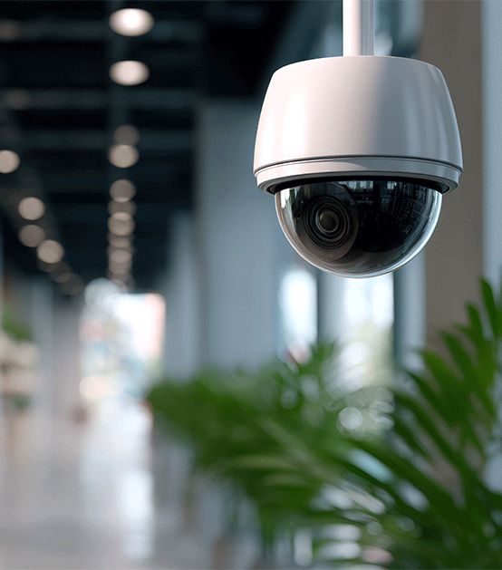 Commercial CCTV in an office ceiling Business CCTV dome camera monitoring a modern commercial hallway by Smart WiFi in Brisbane