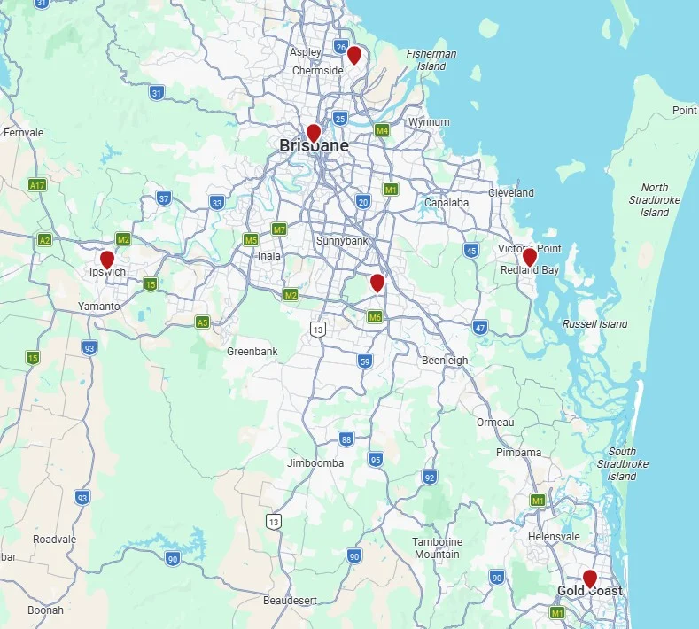 Residential CCTV service area map Service area map showing Smart WiFi's residential CCTV installation services across Brisbane and surrounding areas